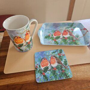 robin designed 3 piece set tray cup and coaster robins in a snowy background
